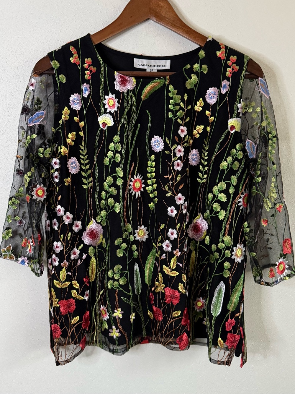 Vintage Caroline Rose Garden Walk Floral Embroidered Mesh Top SP USA